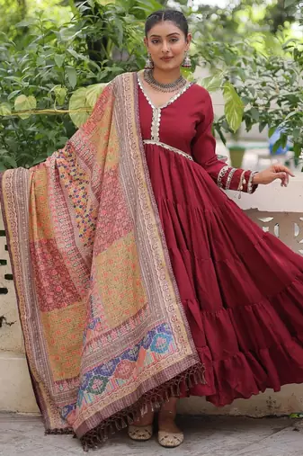 Maroon roamn silk free size stitched anarkali suit with mirror lace work