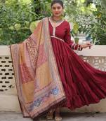 Maroon roamn silk free size stitched anarkali suit with mirror lace work