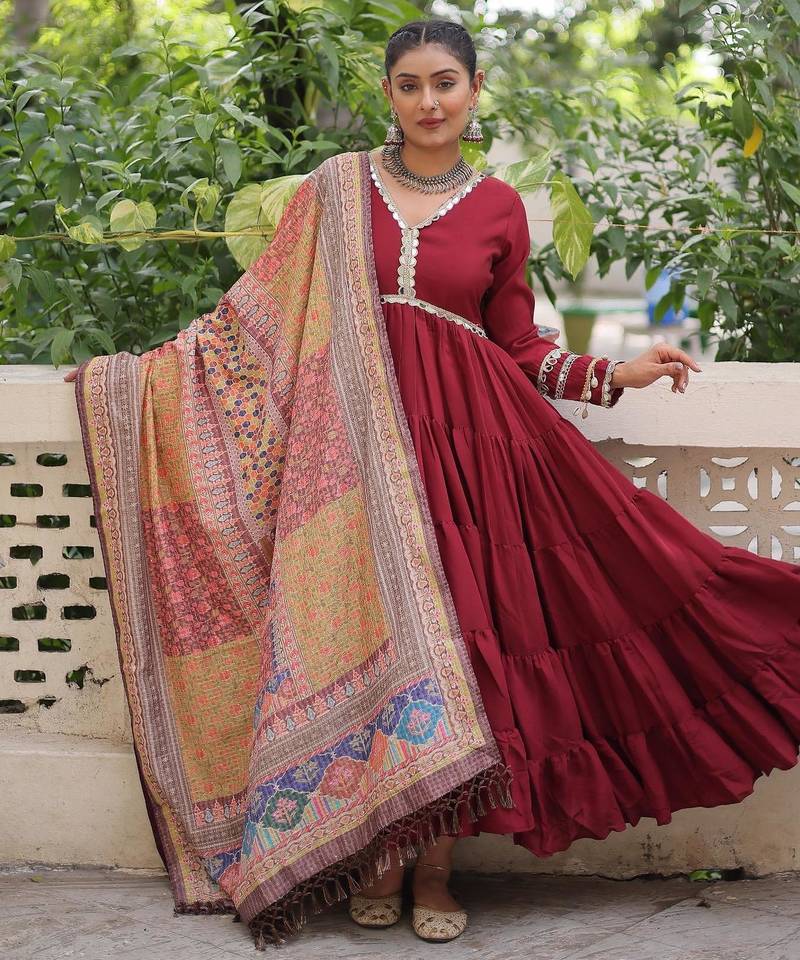 Maroon roamn silk free size stitched anarkali suit with mirror lace work