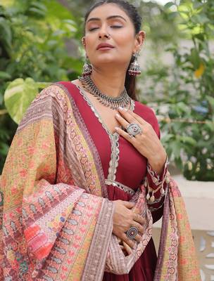 Maroon roamn silk free size stitched anarkali suit with mirror lace work 2