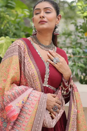 Maroon roamn silk free size stitched anarkali suit with mirror lace work
