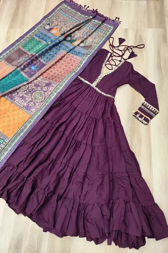 Purple roamn silk free size stitched anarkali suit with mirror lace work