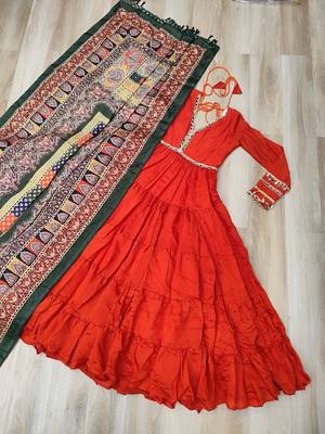 Orange roamn silk free size stitched anarkali suit with mirror lace work 3