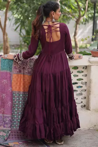 Purple roamn silk free size stitched anarkali suit with mirror lace work