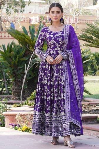 R blue viscose anarkali suit with embroidery sequin work