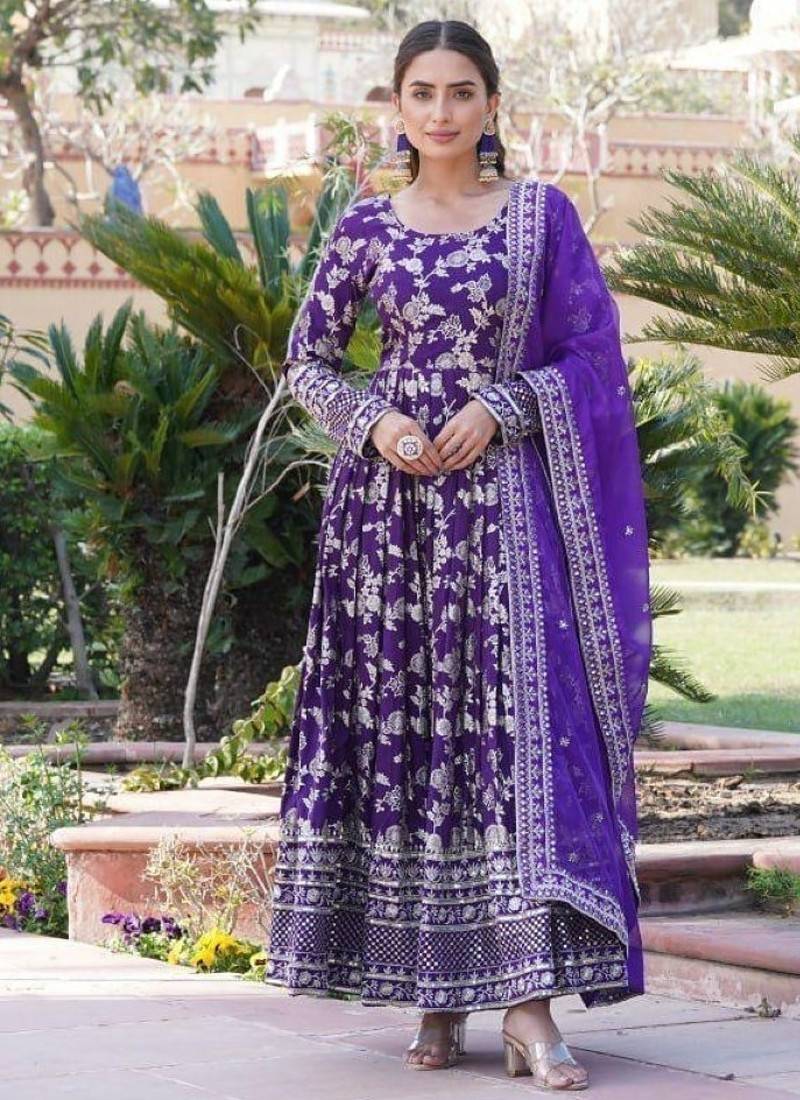 R blue viscose anarkali suit with embroidery sequin work