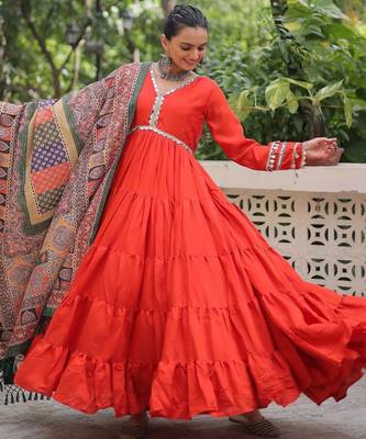 Orange roamn silk free size stitched anarkali suit with mirror lace work 4