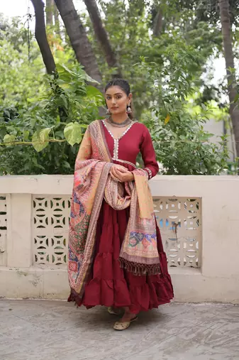 Maroon roamn silk free size stitched anarkali suit with mirror lace work