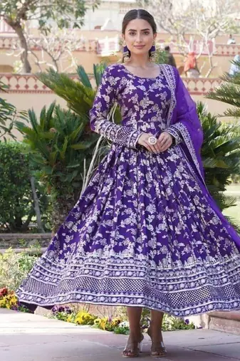 R blue viscose anarkali suit with embroidery sequin work