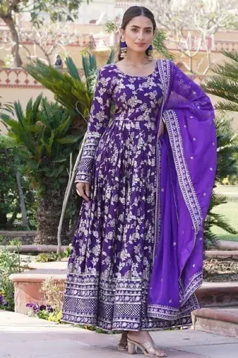 R blue viscose anarkali suit with embroidery sequin work