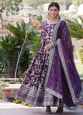 Purple viscose anarkali suit with embroidery sequin work 1