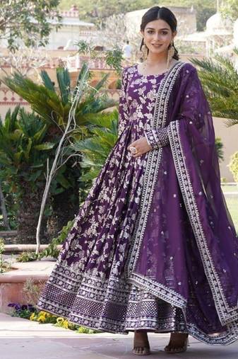 Purple viscose anarkali suit with embroidery sequin work