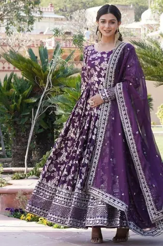 Purple viscose anarkali suit with embroidery sequin work