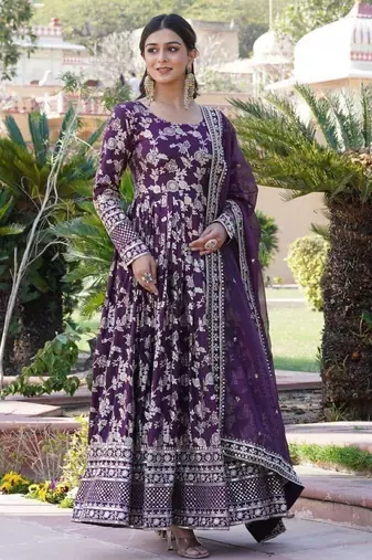 Purple viscose anarkali suit with embroidery sequin work