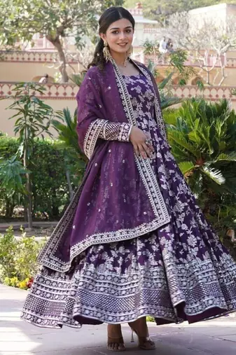 Purple viscose anarkali suit with embroidery sequin work