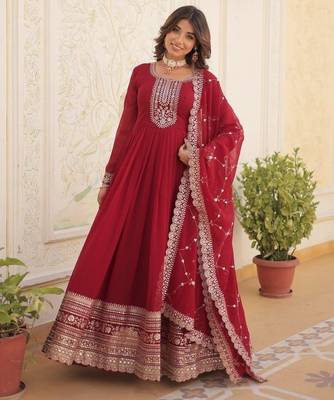 Red georgette anarkali suit with embroidery sequin work 1