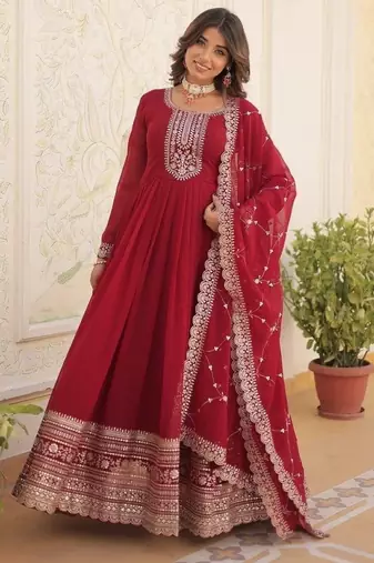 Red georgette anarkali suit with embroidery sequin work