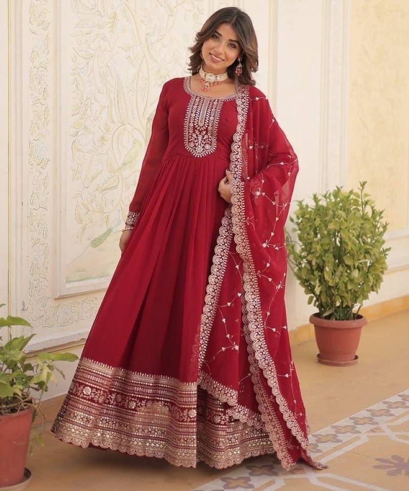 Red georgette anarkali suit with embroidery sequin work