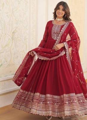 Red georgette anarkali suit with embroidery sequin work 2