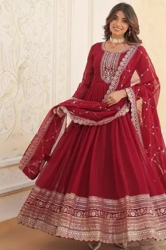 Red georgette anarkali suit with embroidery sequin work