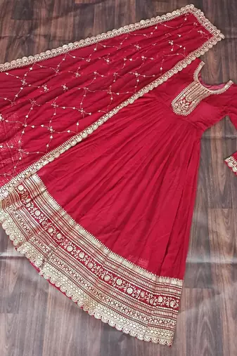 Red georgette anarkali suit with embroidery sequin work