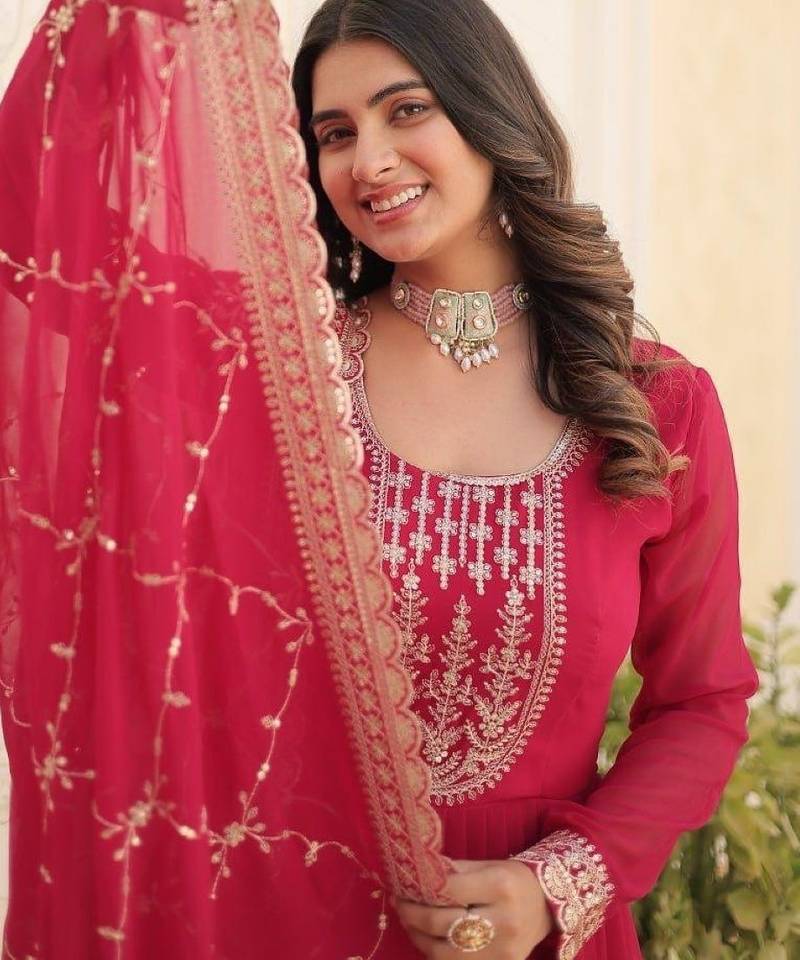 Pink georgette anarkali suit with embroidery sequin work