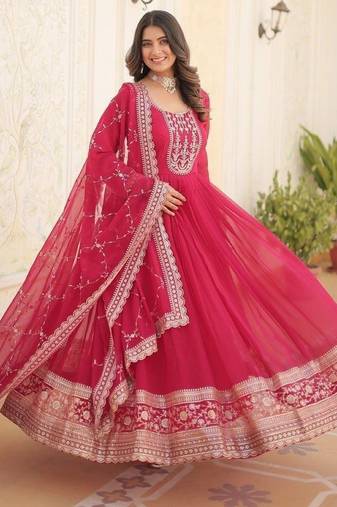 Pink Georgette Readymade Anarkali Suit with Embroidery & Sequence Work