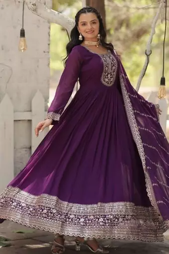 Purple georgette anarkali suit with embroidery sequin work