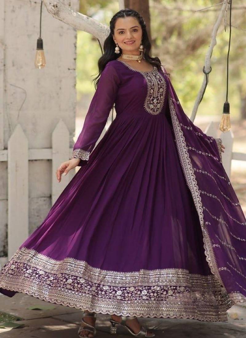 Purple georgette anarkali suit with embroidery sequin work
