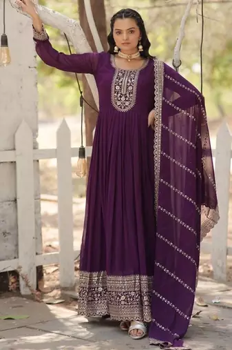 Purple georgette anarkali suit with embroidery sequin work