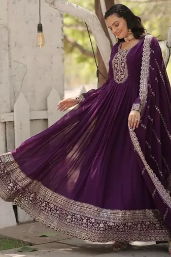 Purple georgette anarkali suit with embroidery sequin work