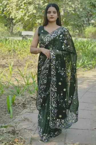 Green colour barbari satin sequins work saree