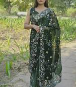 Green colour barbari satin sequins work saree