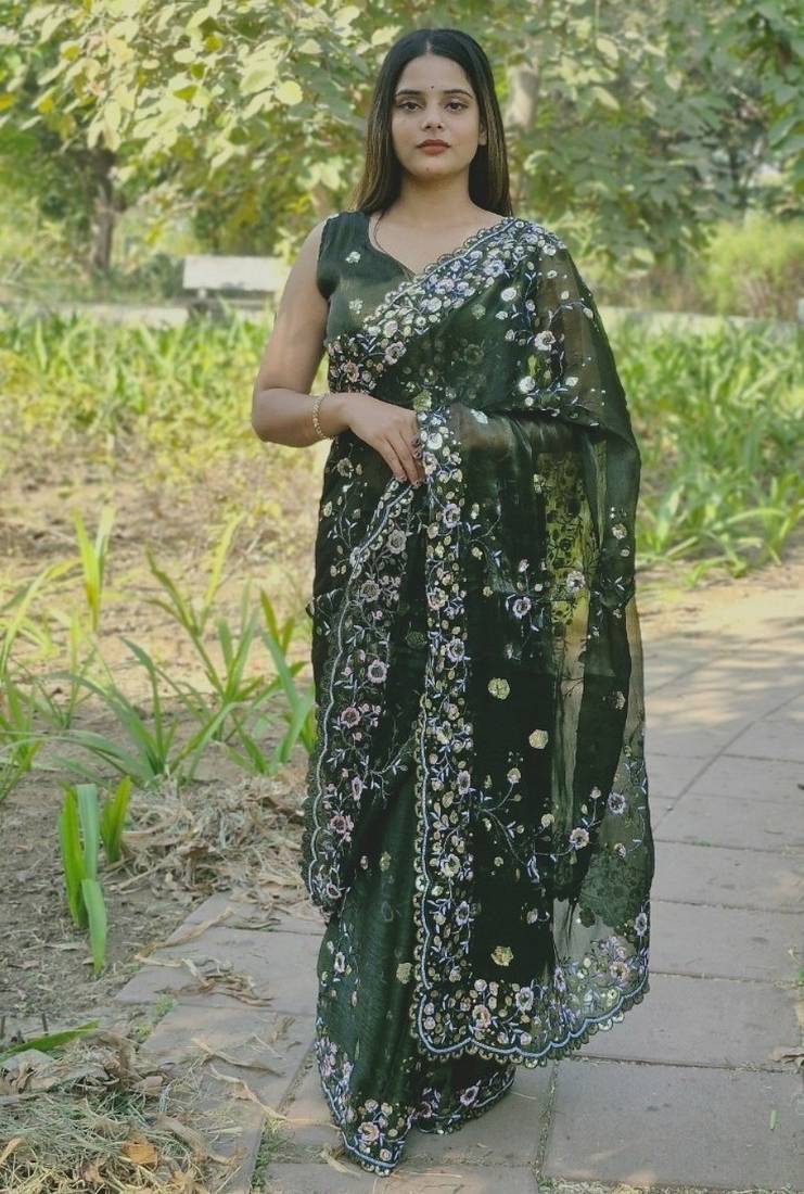 Green colour barbari satin sequins work saree