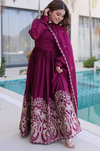 Purple silk anarkali suit with embroidery sequin work