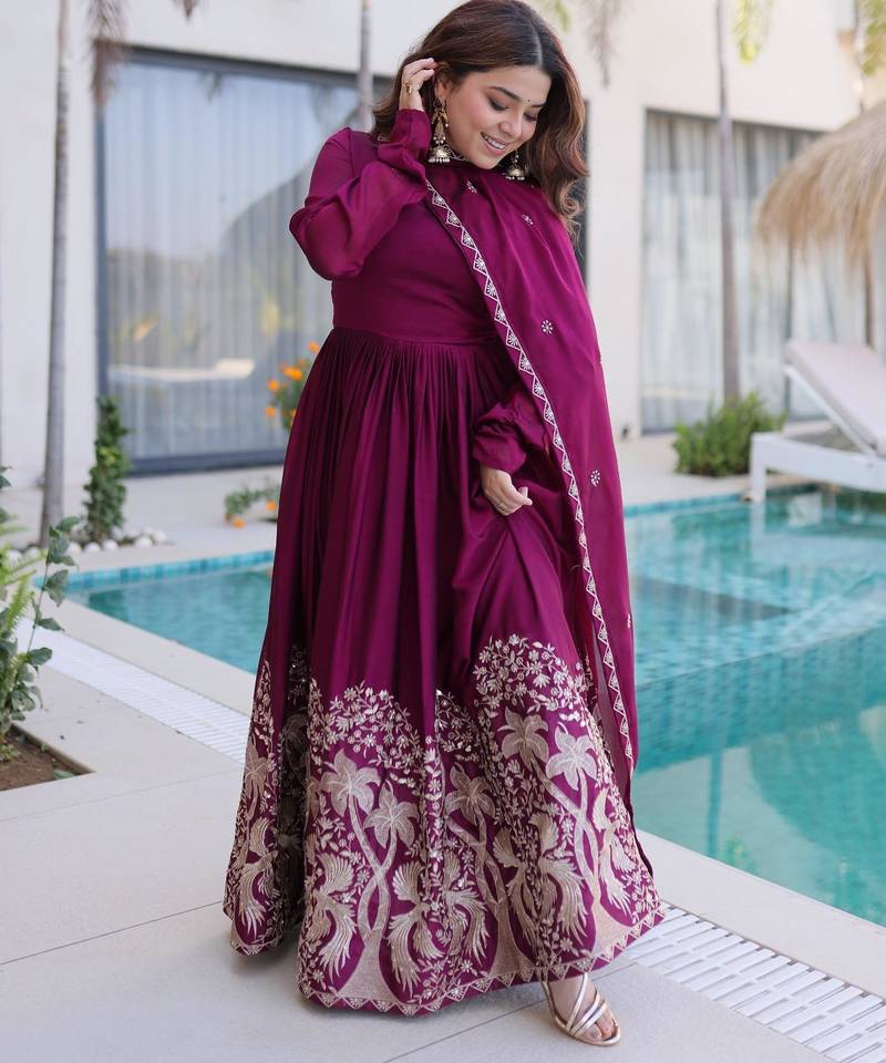 Purple silk anarkali suit with embroidery sequin work