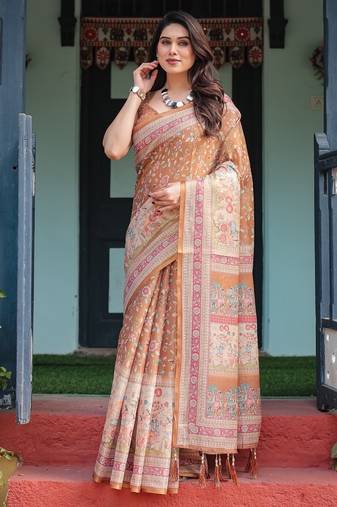 Brown color ready to wear saree with unstich blouse