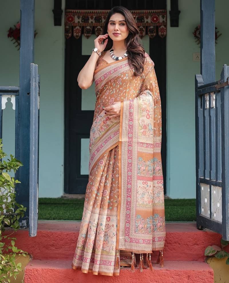 Brown color ready to wear saree with unstich blouse