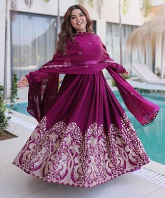 Purple silk anarkali suit with embroidery sequin work 2