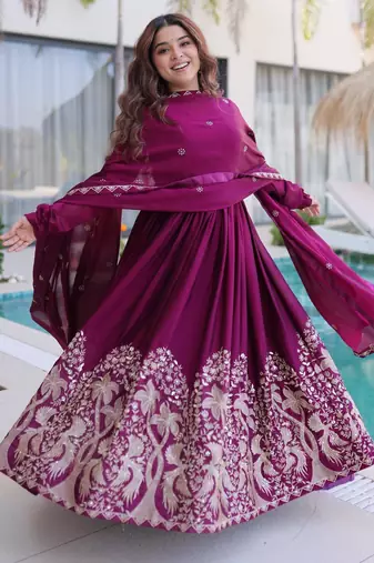 Purple silk anarkali suit with embroidery sequin work