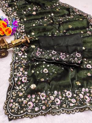 Green colour barbari satin sequins work saree 3