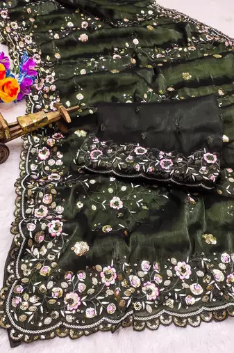 Green colour barbari satin sequins work saree