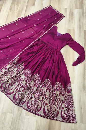 Purple silk anarkali suit with embroidery sequin work