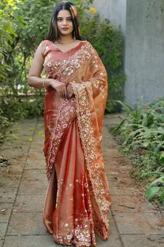 Coral colour barbari satin sequins work saree