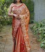 Coral colour barbari satin sequins work saree