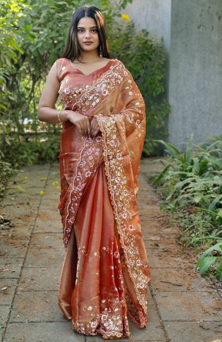 Coral colour barbari satin sequins work saree