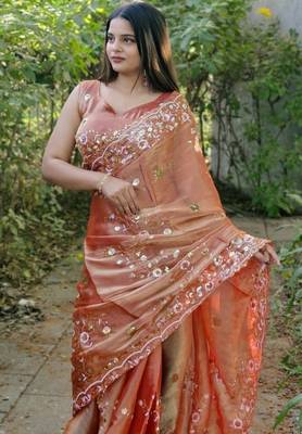 Coral colour barbari satin sequins work saree 2