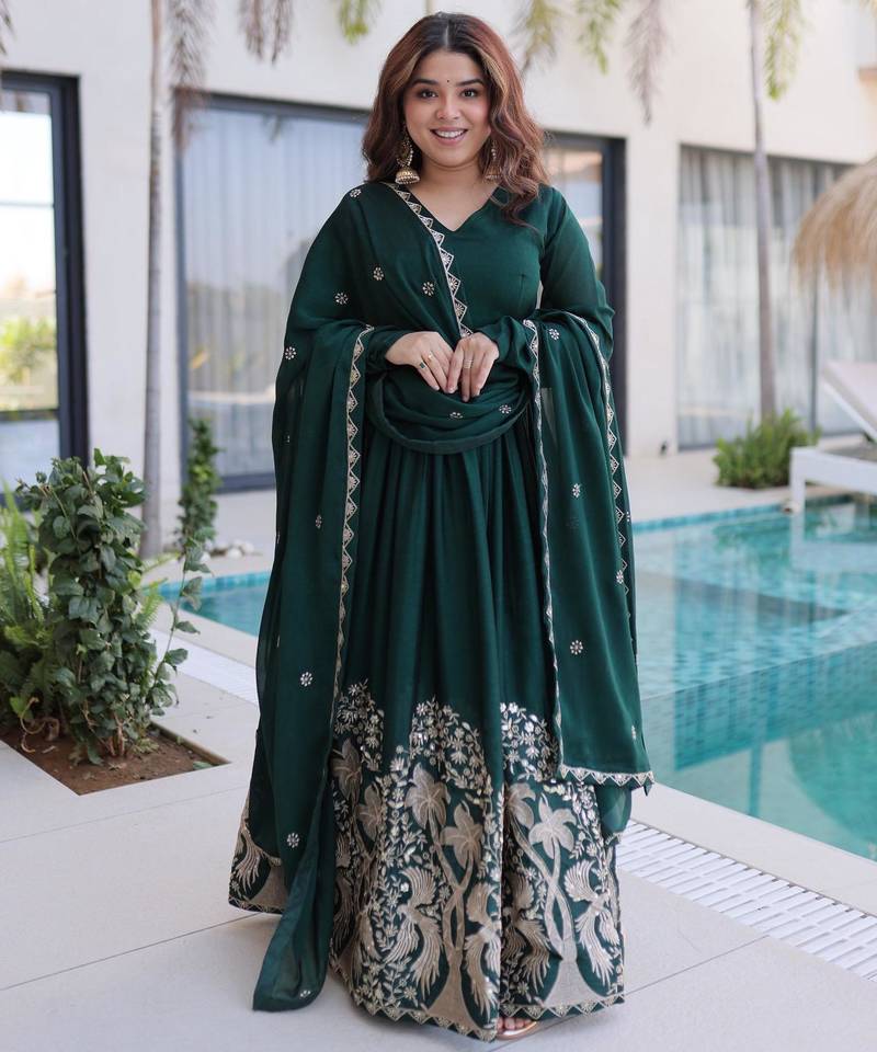 Emerald silk anarkali suit with embroidery sequin work