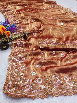 Coral colour barbari satin sequins work saree 4