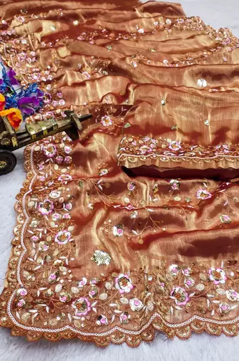 Coral colour barbari satin sequins work saree